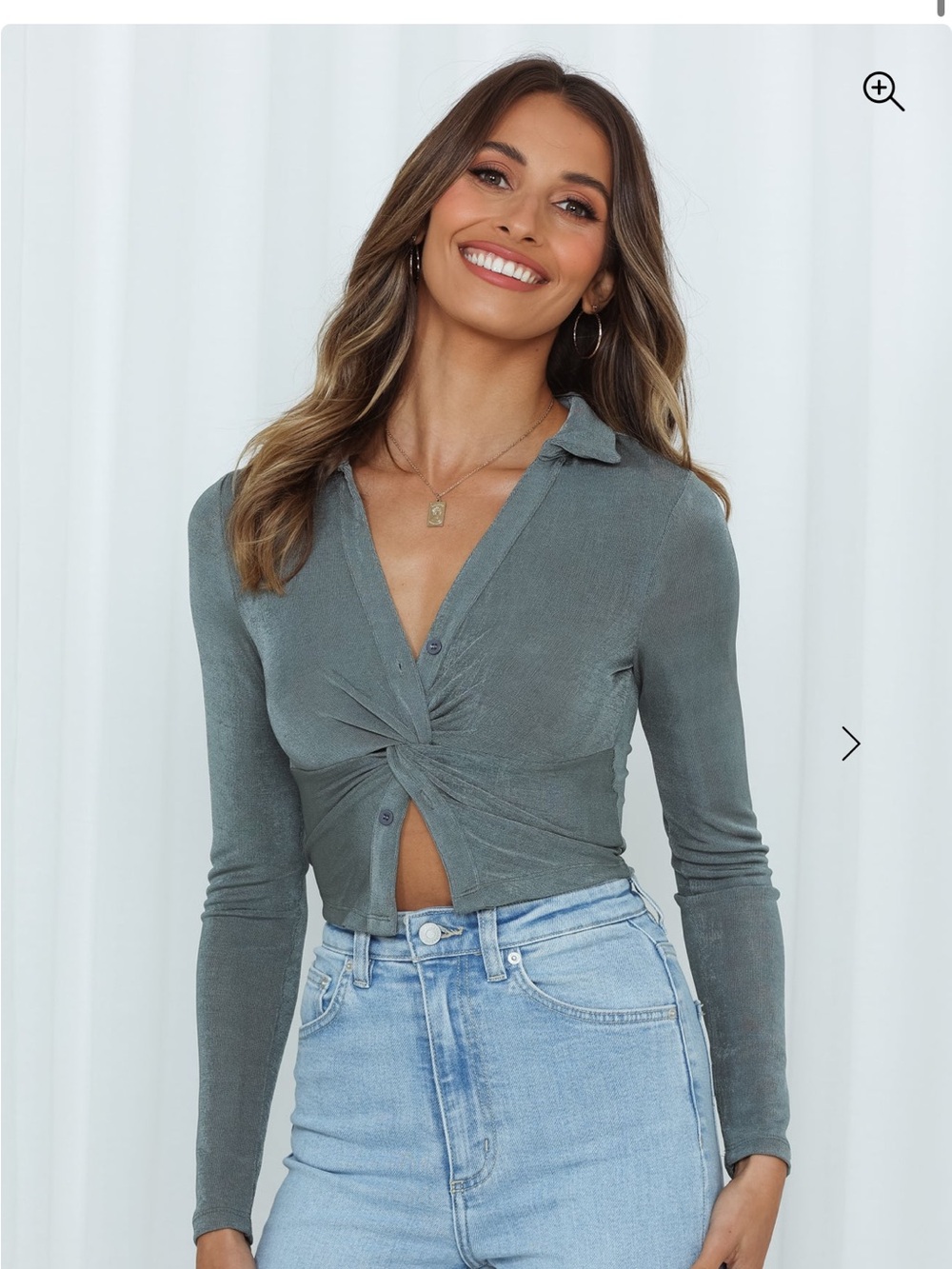 Hello Molly Patience Needed Crop Khaki Sage Twist-Front Collar Button-Down Top S